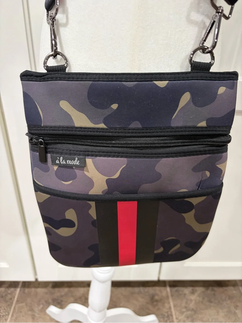 Women's Camo Crossbody Bag with Red Stripe